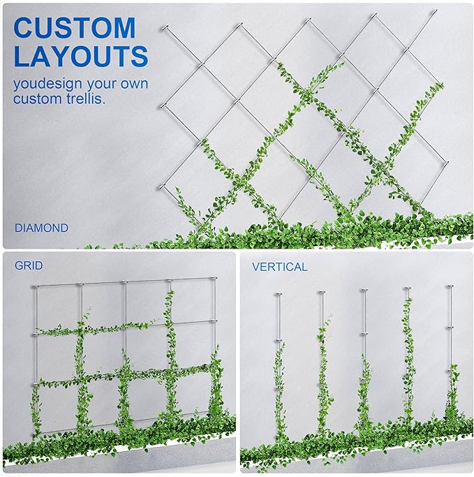 Wire Trellis for Climbing Plants Outdoor, 20-Set Wall Wire Trellis Kit with 1/8in x 98ft Stainless Steel Cable & Cutter, T316 Cylindrical Espalier System for Fence and Garden DIY Projects