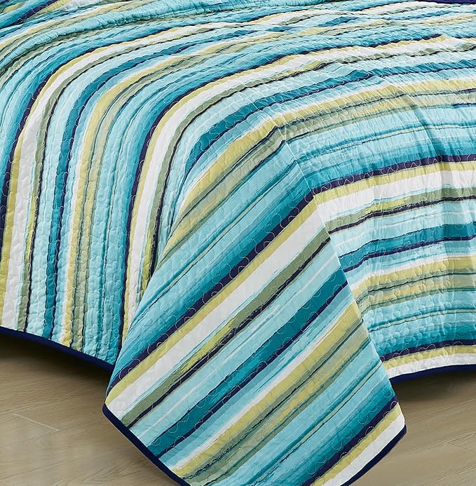 Chezmoi Collection Morgan 2-Piece Striped Quilt Set - Green Blue White Striped Printed Microfiber Lightweight Quilted Bedspread Set, Twin (70" x 90")