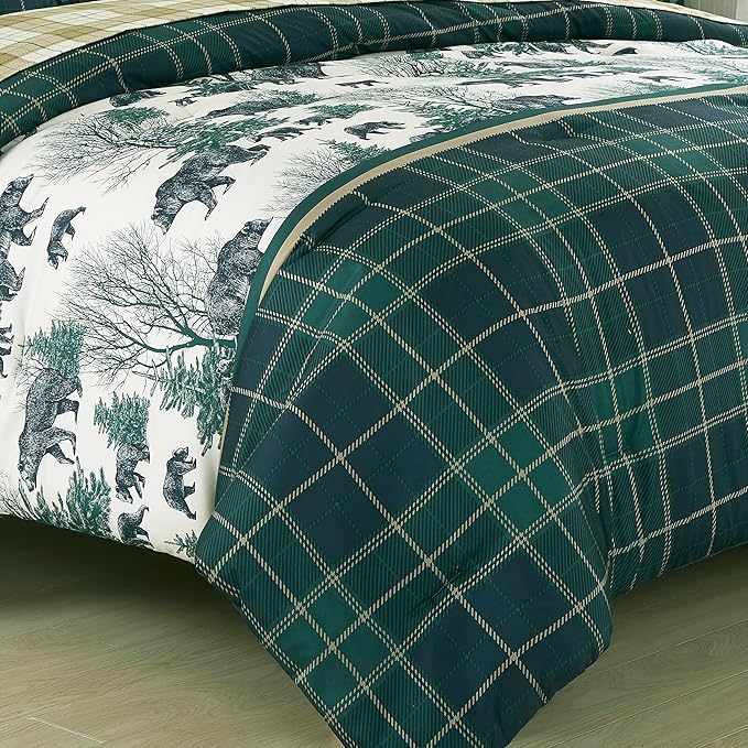 Chezmoi Collection Alpine 7-Piece Northwest Cabin Lodge Bed in a Bag Queen Comforter Set - Blue Green Ivory Tan Grizzly Bear Pine Tree Wilderness Printed Microfiber Bedding Set