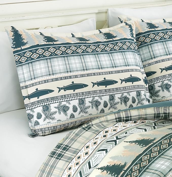Chezmoi Collection Meadow 3-Piece Cabin Lodge Comforter Set - Multicolor Pine Tree Fish Deer Explorer Mountain Printed Microfiber Bedding, Full