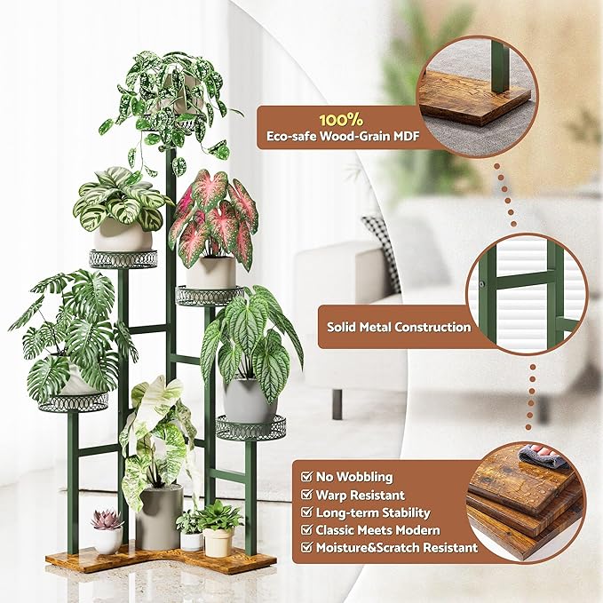 Plant Stand 6 Tier Indoor Metal Wood Flower Shelf for Indoor Outdoor Corner Tall Flower Holders for Garden Balcony Living Room Bedroom