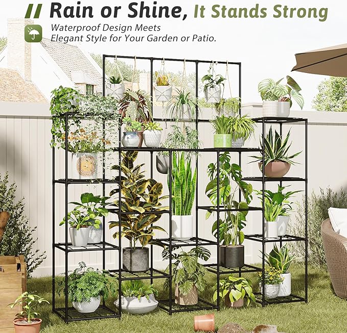 GENTINGBRO Metal Plant Stand Outdoor 63" Tall Plant Shelf for Plants 14-Tier Large Plant Sheves for Indoor Plants Living Room Heavy Duty Rack Garden Balcony Patio Hanging Planter