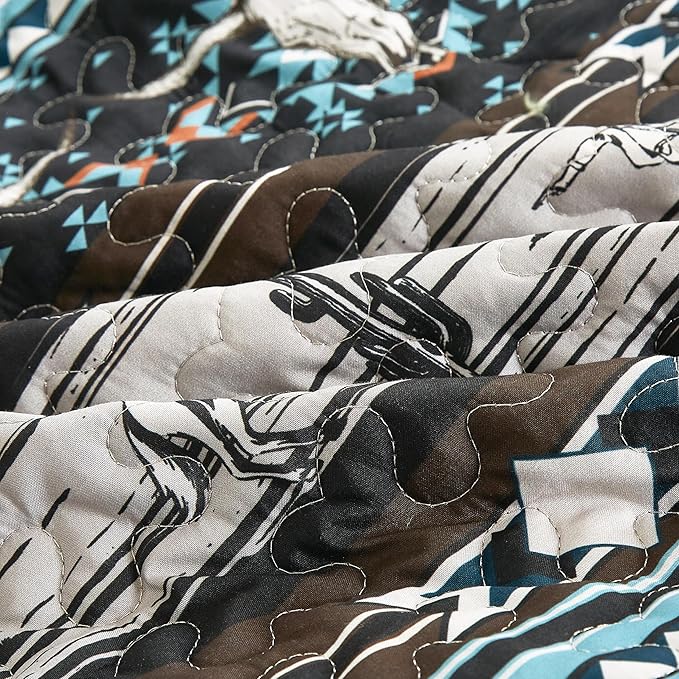 Chezmoi Collection Boone 3-Piece Southwestern Cowboys Rodeo Quilt Set Full - Multicolor Blue Brown Beige Clay Printed Microfiber Lightweight Bedspread Set for All Season