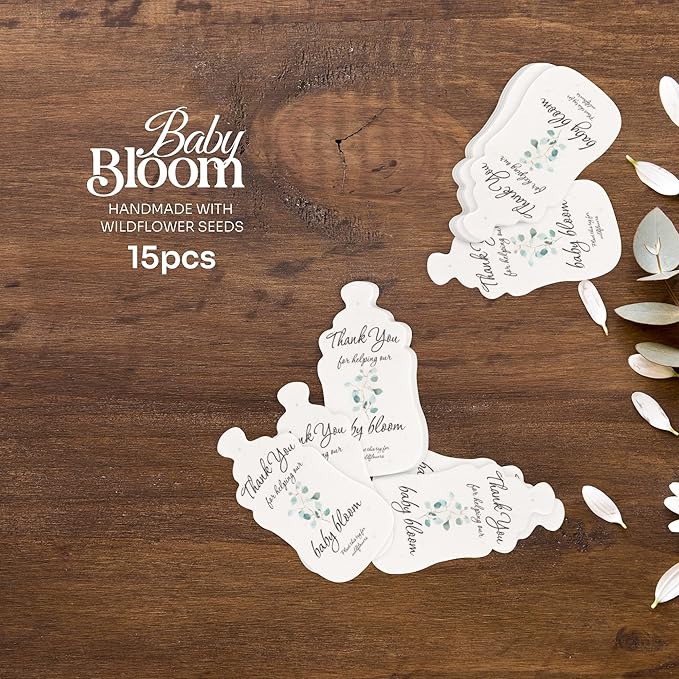15pcs Green Baby Bottle-Shaped Gift Tags with Wildflower Seeds - Writable Gift Wrap Tags for Baby Showers, Mother's Day Present, Party Favors, DIY Crafts, & Earth Day Decorations