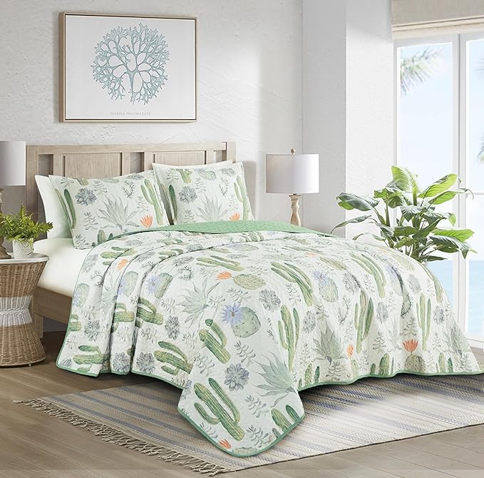 Chezmoi Collection Gregory 3-Piece Southwestern Serene Desert Quilt Set - Green Blue Cactus Succulent Plant Printed Microfiber Lightweight Quilted Bedspread Set, King (118" x 95")