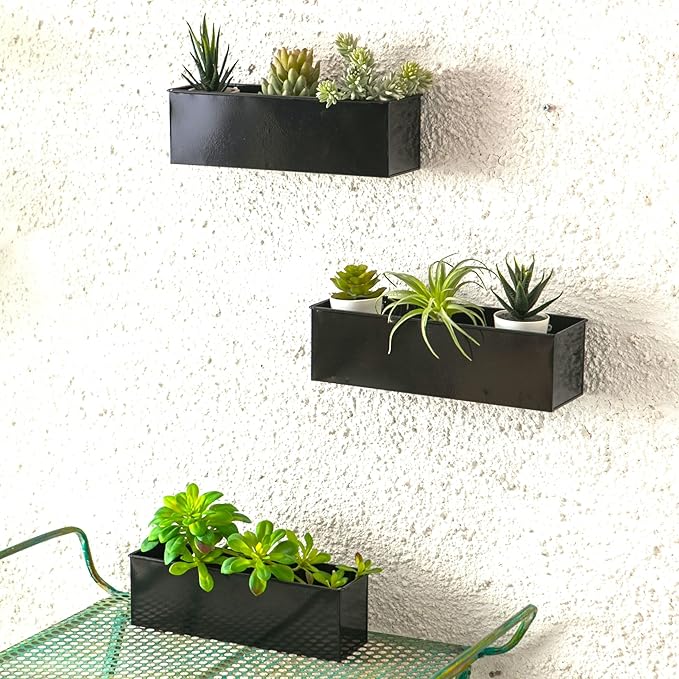 LaLaGreen Wall Planter Indoor Plants - 3 Pack, 14 Inch Large Wall Mount Planters for Succulent Black, Rectangular Metal Hanging Flower Pot, Long Window Sill Plant Box Fence Railings Floating Shelve