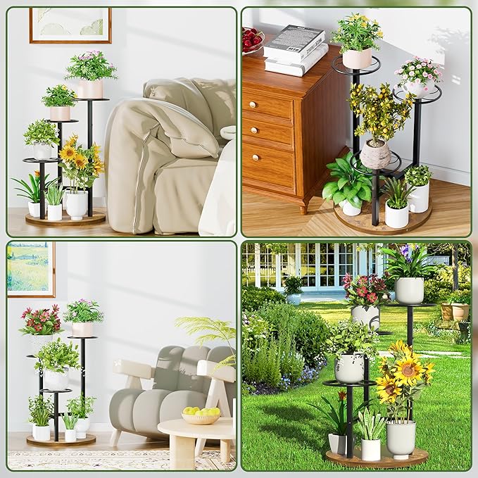 3 Tier Plant Stand Indoor Outdoor,Tiered Plant Stands,Wood Plant Shelf for Multiple Plants, Wrought Iron Flower Stand, Tall Plant Rack Shelf for House Patio Garden - BlackKite