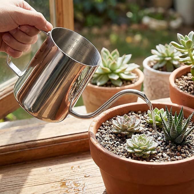 Small Watering Can, OLULU 12oz (350ml) Stainless Steel Indoor Watering Can with Long Spout, Mini Watering Can for Houseplants, Desk & Home Plants