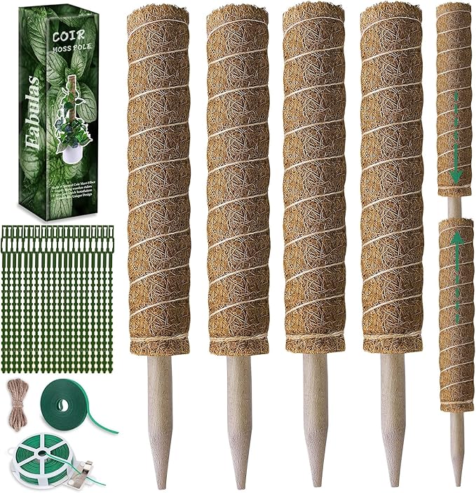Fabulas Moss Pole 47.5 Inch - Monstera Plant Support, 4 Packs 16 Inch Plant Stakes for Indoor Plants Coco Coir Moss Pole Sticks for Climbing Potted Live Plants, Pothos, Philodendron, with Garden Ties