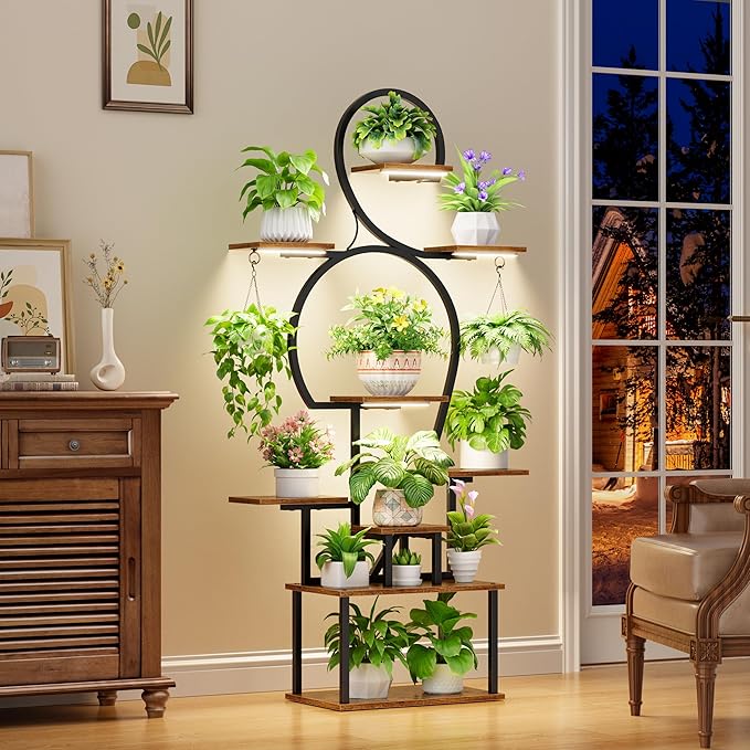POZILAN Plant Stand Indoor with Grow Lights, 63'' Tall Indoor Plant Shelf, 9 Tiered Lighted Plant Stands for Living Room, Metal & Wood Corner Large Flower Holder for Alcony, Patio & Home, Black