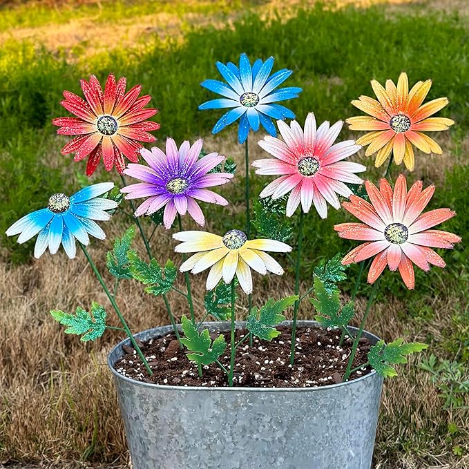 Metal Flowers for Outside, 8 Pack Decorative Garden Stakes with Spring Design, 16.5 Inch Handmade Iron Outdoor Metal Garden Decor, Flickering Daisy Yard Art for Patio Lawn