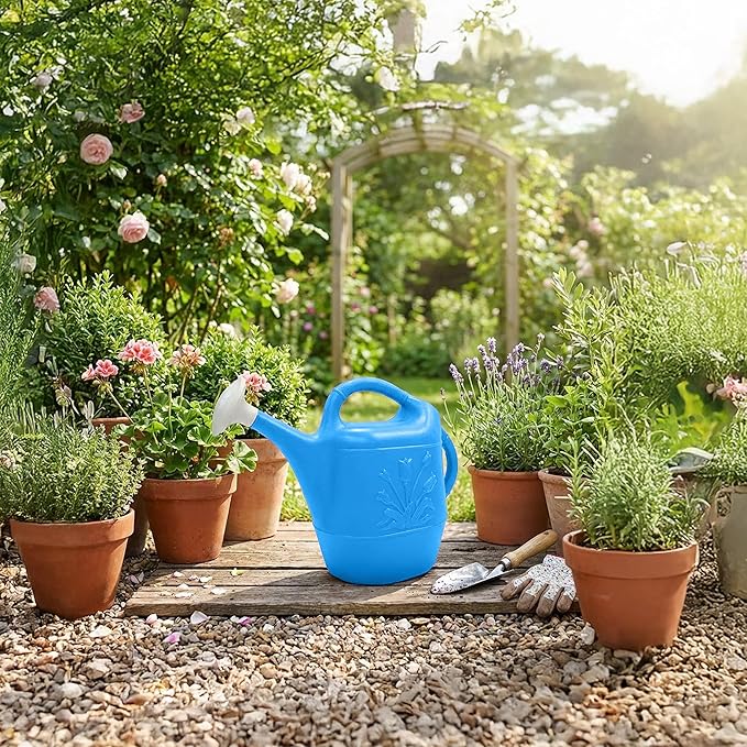 Union Products 63066 2 Gallon Plastic Indoor/Outdoor Watering Can w/ Tulip Design for Garden, Potted Plants, & Patio Pots, Caribbean Blue