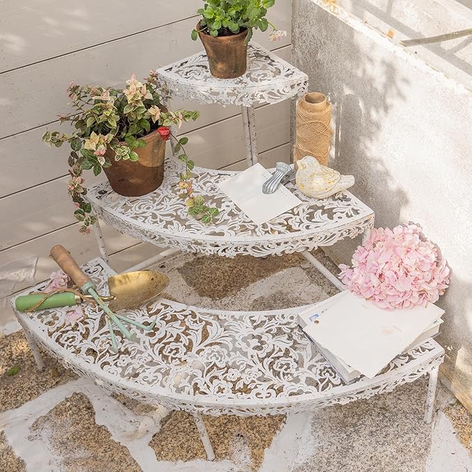 3-Tier Vintage Corner Plant Stand for Indoor Outdoor Distressed Metal Flower Pot Holder Shelves with Ornate Cutout Edges Multi-Level Planter Rack Display Corner Shelf Antique Tall Plant Shelf for Patio Porch Garden Balcony Living Room (White)