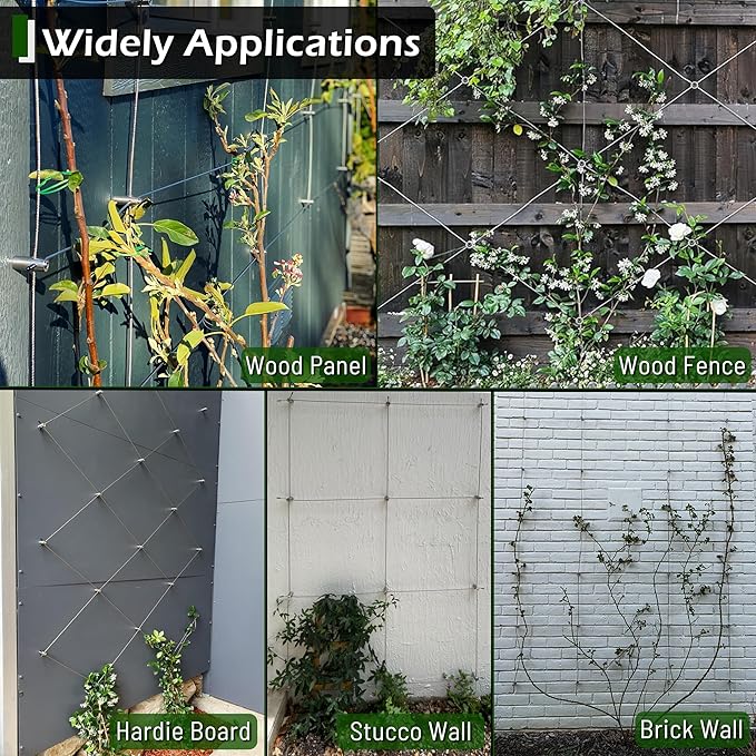 Wire Trellis for Climbing Plants Outdoor, 20-Set Wall Wire Trellis Kit with 1/8in x 98ft Stainless Steel Cable, T316 Cylindrical Espalier System for Fence and Garden DIY Projects