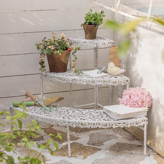 3-Tier Vintage Corner Plant Stand for Indoor Outdoor Distressed Metal Flower Pot Holder Shelves with Ornate Cutout Edges Multi-Level Planter Rack Display Corner Shelf Antique Tall Plant Shelf for Patio Porch Garden Balcony Living Room (White)