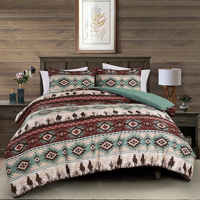 Chezmoi Collection Audun 2-Piece Southwestern Cowboys Aztec Comforter Set - Multicolor Teal Brown Beige Tan Red Printed Washed Microfiber Bedding, Twin Size