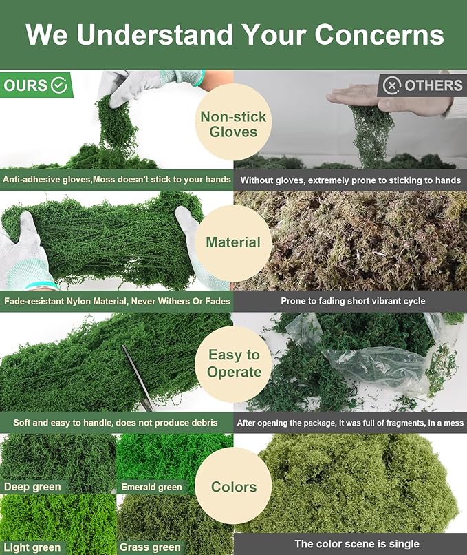 MGLIFEUL 12OZ Artificial Fake Moss for Crafts Plants Indoor with Non-Stick Gloves and Tweezers，Preserved Green Plant Faux Craft Moss Musgo for Fairy Garden Indoor Outdoor Home Decorating Model Making