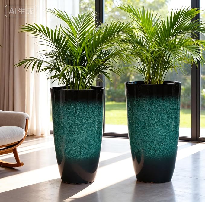 Autodaya 23.8" Tall Outdoor Planters Set of 2, Ceramic-Look Large Flower Pots for Indoor Outdoor Plants, All Seasons for Porch, Balcony, Garden, Patio or Home Art Decor, Gradient Turquoise Finish