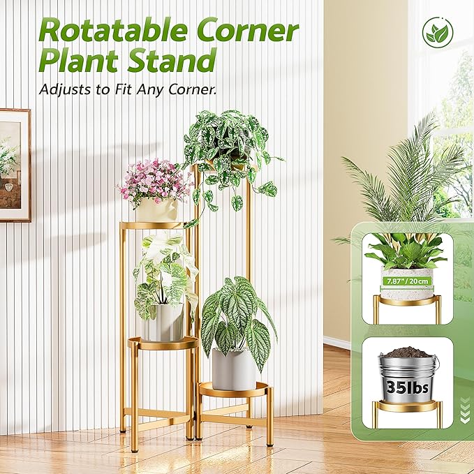 Gold Plant Stand, 4 Tiered Plant Stand Indoor for Multiple Large Planter, Tall Heavy Duty Adjustable Folding Rack with Rustproof 7.9 Inch Wide Tray, Plant Shelf for Corner - GoldDisk
