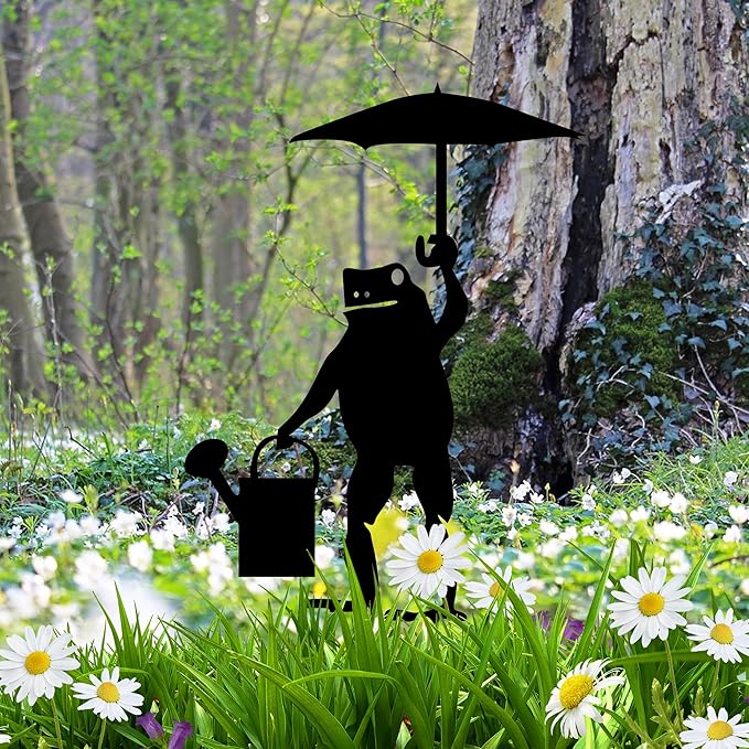 Rusty Metal Frog Garden Stake Funny Frog with Umbrella Rustic Nature Animal Country Weathered Iron Lawn Ornament Farm Yard Outdoor Decor,Black