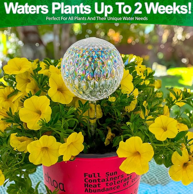 Aqua Glass Plant Watering Globes Automatic Self Watering Plant Insert Spike Orbs - Indoor Outdoor Plant Drip Irrigation - For Flowers, Herbs, Houseplants (Iridescent Globes, 4, Units)