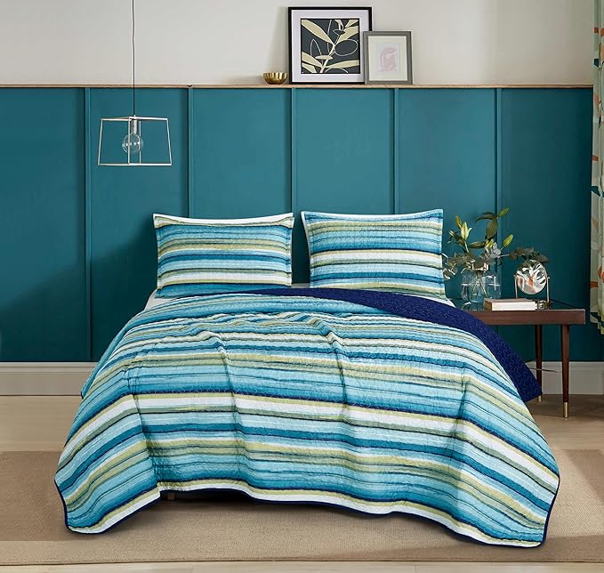 Chezmoi Collection Morgan 3-Piece Striped Quilt Set - Green Blue White Striped Printed Microfiber Lightweight Quilted Bedspread Set, King (118" x 95")