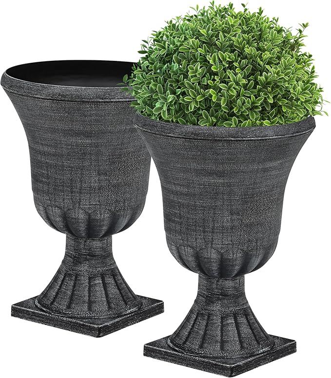 Autodaya 22" Timeless Urn Planters for Outdoor Plants, Set of 2 Plastic Large Flower Pot with Handmade Washed Black Finish, Weather-Resistant for Porch, Garden, Patio or Indoor Use