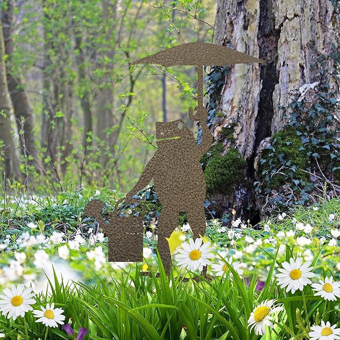Rusty Metal Frog Garden Stake Funny Frog with Umbrella Rustic Nature Animal Country Weathered Iron Lawn Ornament Farm Yard Outdoor Decor,Brass