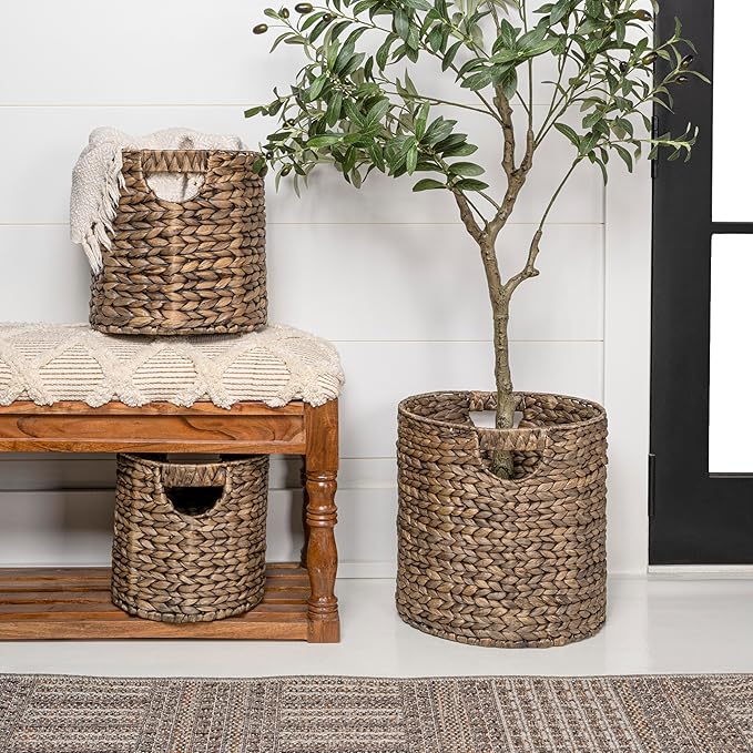 happimess BSK2011B-3SET Avery Bohemian Cottage Handwoven Hyacinth Cylinder Nesting Wicker Storage Baskets with Handles, Brown (Set of 3), Seagrass Containers for Decoration in Living Room, Bedroom