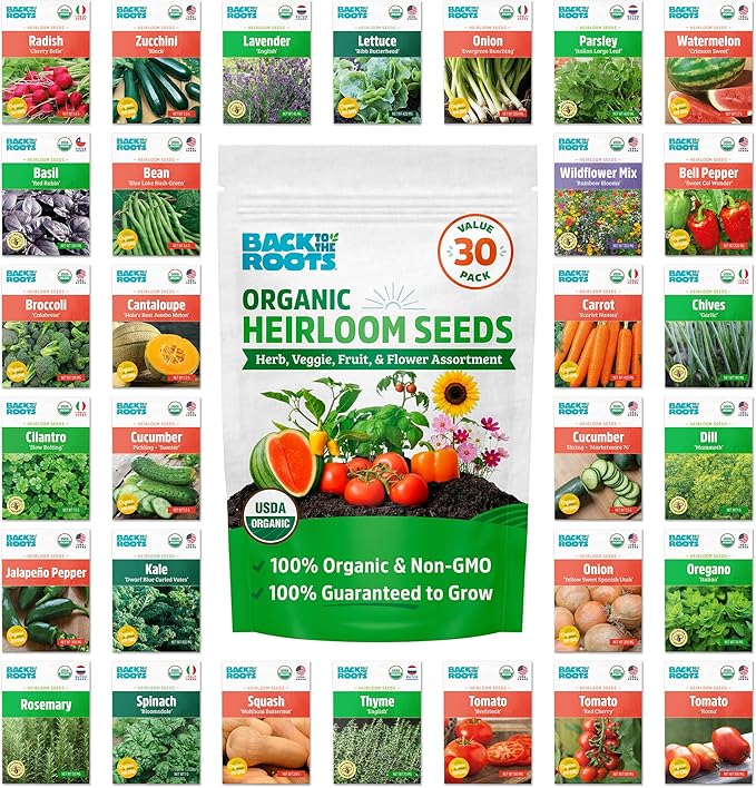 Back to the Roots Heirloom Organic, Non-GMO & USA Grown Seeds, 30ct Herb, Fruit, Flowers, and Veggies, Assortment May Vary, Guaranteed to Grow