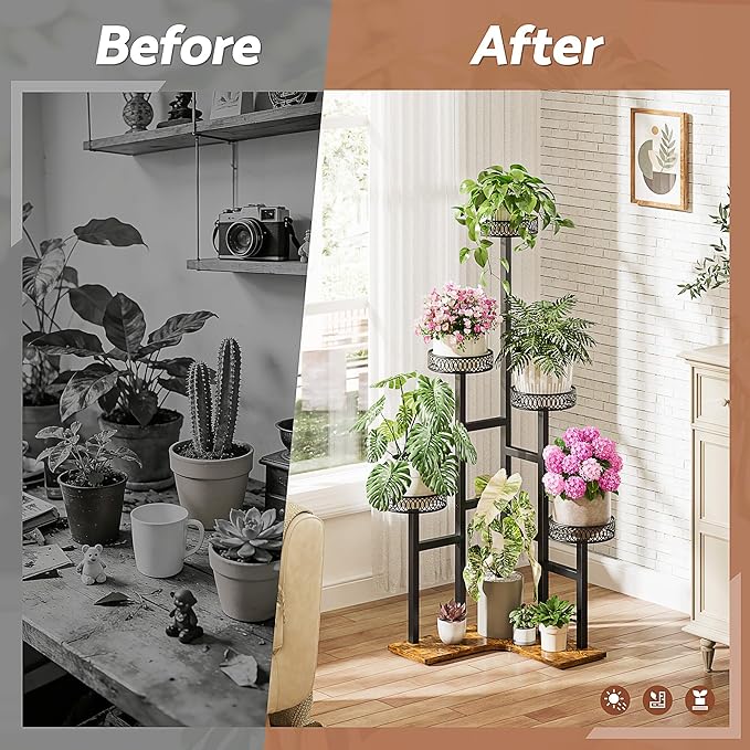 Plant Stand 6 Tier Indoor Metal Wood Flower Shelf for Multiple Plants Corner Display Rack Planter Pot Holder Flower Stand for for Patio Garden Balcony Living Room Bedroom