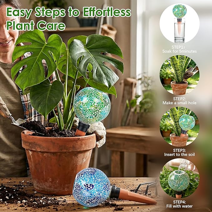 Terracotta Watering Spikes Mosaic Plant Watering Globes for Outdoor Plants 2 Pack Automatic Plant Waterer Indoor for Pots Garden Office