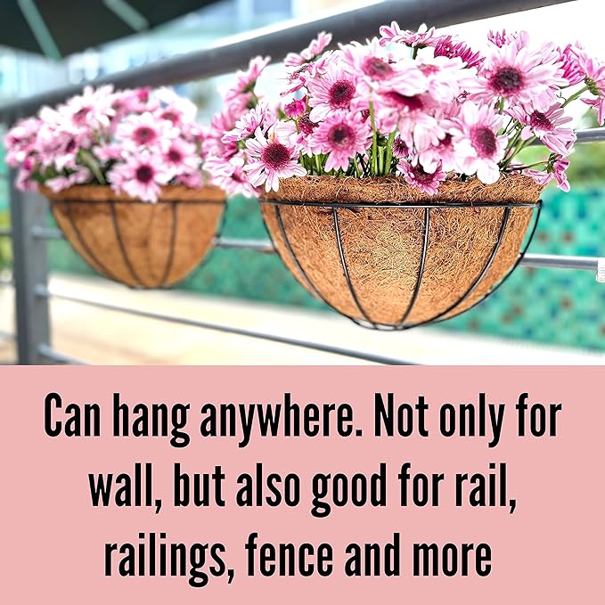 LaLaGreen Wall Planters for Outdoor Plants, 4 Pack, 12 Inch Half Round Plant Holder with Coco Liner, Metal Wire Flower Herb Baskets Window Boxes Outside Fence Railing Pots Deck Porch Balcony Garden
