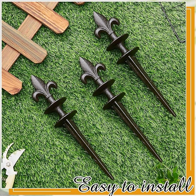 Tandefio 6 Pcs Fleur De Lis Garden Hose Guide Stakes, Heavy Duty Decorative Antique Black Cast Iron Metal Hose Guides, Plant Protector for Lawn Yard Flower Bed
