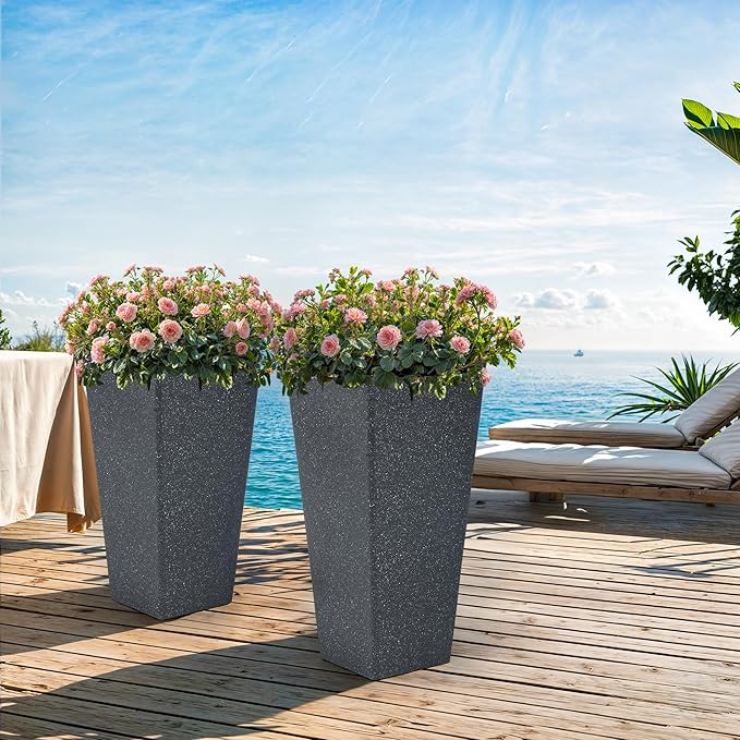 Autodaya 28" Plant Pots Tall Planters for Plants Outdoor Set of 2 Plastic Planter Pot Large Flower Pots Indoor Weather-Resistant for Patio, Porch, Garden, Front Door Christmas Decor Terrazzo Black