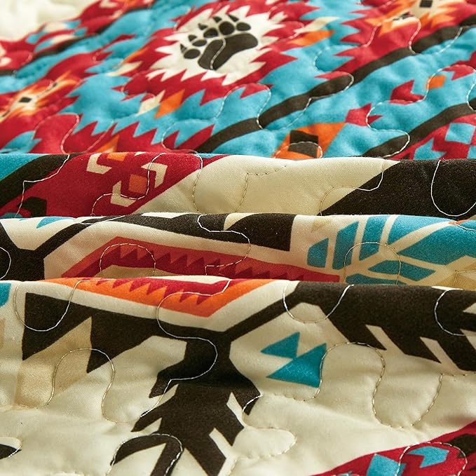 Chezmoi Collection Sanse 3-Piece Southwestern Geometric Motif Quilt Set - Multicolor Red Brown Blue Cream Printed Microfiber Lightweight Quilted Bedspread Set, King (118" x 95")