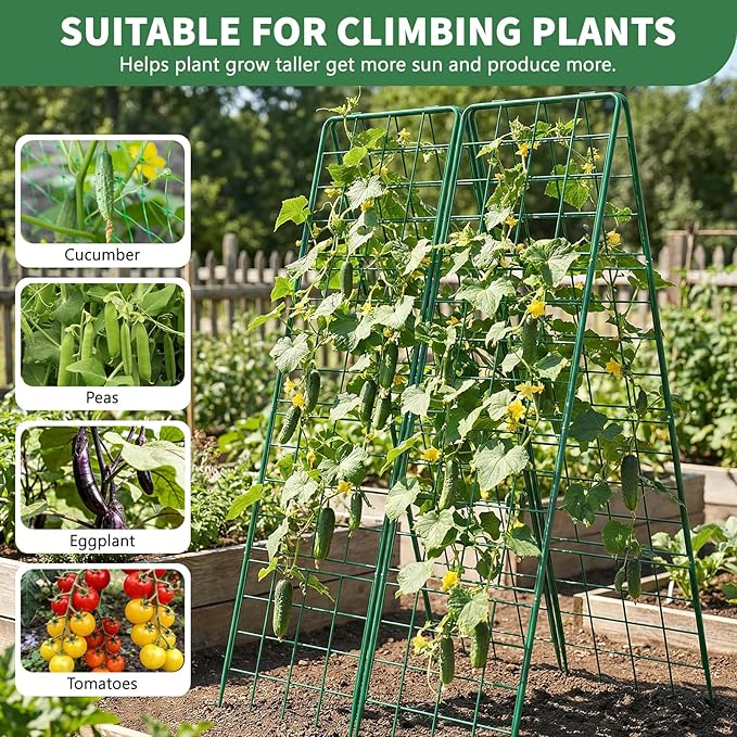 2 Pack Cucumber Trellis, 59" High Foldable A-Frame Garden Trellis for Raised Bed Garden Grow Support with Plant Support Clips Ties for Cucumber,Tomato, Climbing Plants and Flowers
