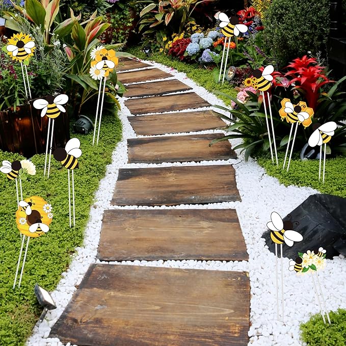 Bee Garden Stake Decor - 12 Pcs Yellow Working Bee Art Stick Floral Picks Garden Yard Metal Decorative Stake Sign Spring Summer Outdoor Backyard Pathway Lawn Plant Flower Pots Decoration
