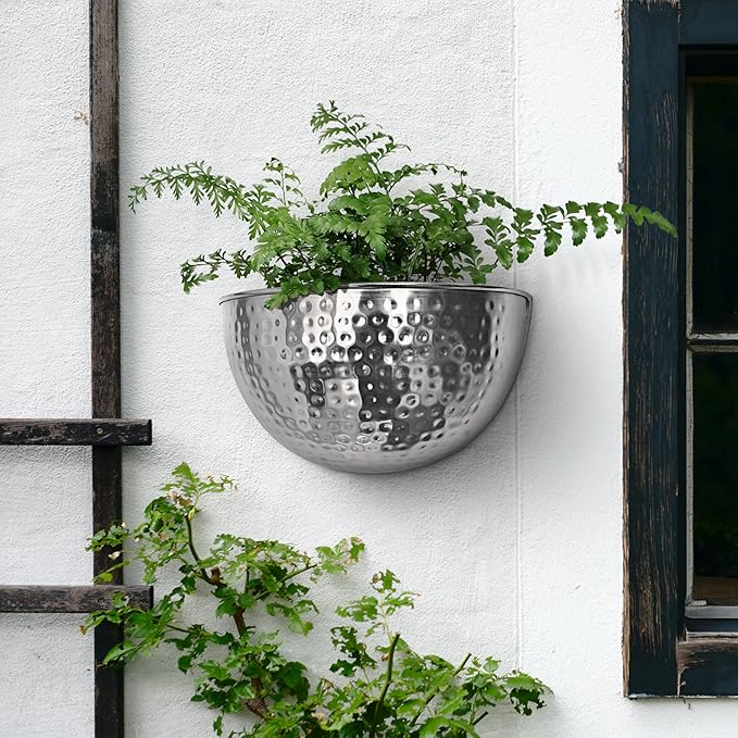 Allegorie Metal Wall Planter | Indoor or Outdoor Hanging Plant Pot | Farmhouse Decor & Boho Kitchen Decoration for Herbs & Succulents 12x7 (Silver)