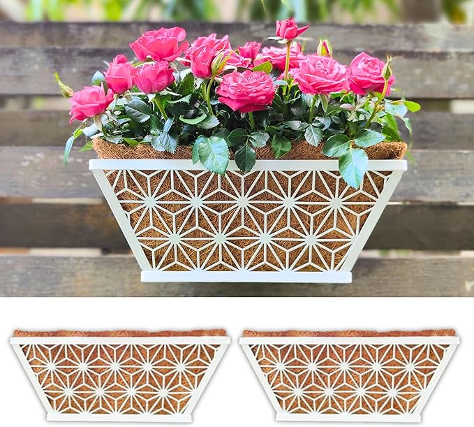 LaLaGreen Window Boxes Planter (2 Pack, 12 Inch) White Metal Rectangular Wall Planters with Coco Liner, Horse Trough Deck Railing for Outdoor Plants Holder, Modern Rail, Balcony, Fence, Porch Patio