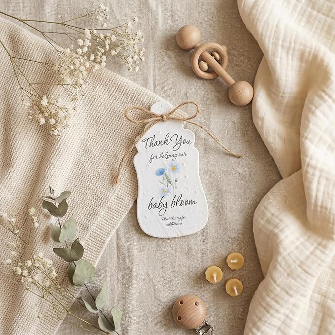 5pcs Blue Baby Bottle-Shaped Gift Tags with Wildflower Seeds - Writable Gift Wrap Tags for Baby Showers, Mother's Day Present, Party Favors, DIY Crafts, & Earth Day Decorations