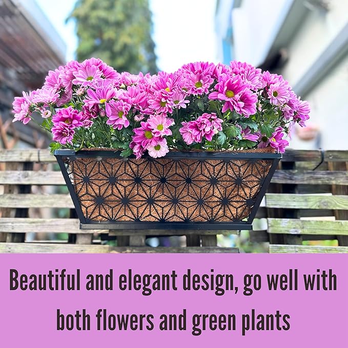 LaLaGreen Window Boxes Planter for Outdoor Plants (2 Pack, 16 Inch) Black Metal Basket Flower Pot Rectangular Wall Planters with Coco Liner, Horse Trough Deck Railing Balcony Modern Garden Fence Patio