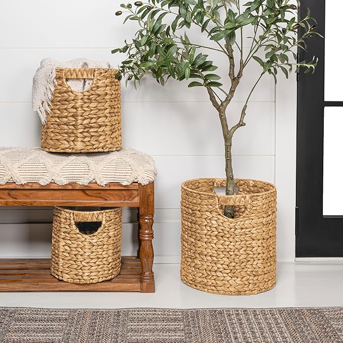 happimess BSK2011A-3SET Avery Bohemian Cottage Handwoven Hyacinth Cylinder Nesting Wicker Storage Baskets with Handles, Natural (Set of 3), Seagrass Containers for Decoration in Living Room, Bedroom