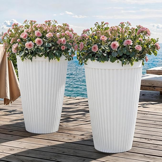 Autodaya 20" Tall Planters Set of 2, High-Density Resin Fluted Outdoor Pots for Plants, Versatile Indoor/Outdoor Flower Pots w/Drainage Holes for Patio, Garden, Porch & Living Room Decor, Ideal Gift