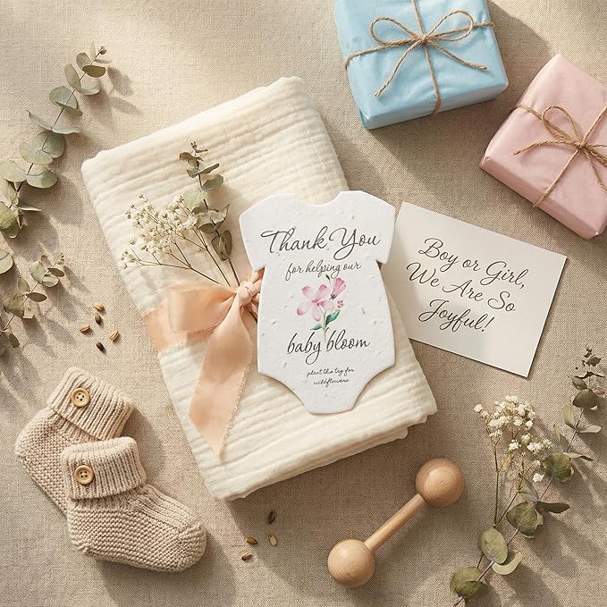 15pcs Pink Onesie-Shaped Gift Tags with Wildflower Seeds - Writable Gift Wrap Tags for Baby Showers, Mother's Day Present, Party Favors, DIY Crafts, & Earth Day Decorations