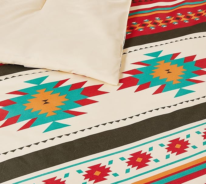 Chezmoi Collection 3-Piece Southwestern Geometric Tribal Multicolor Cream Red Teal Orange Comforter Set, King Size