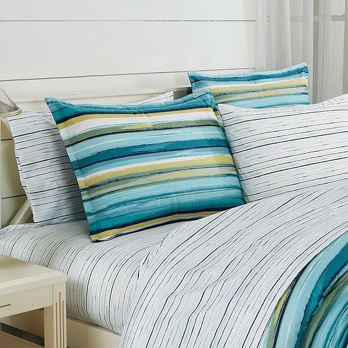 Chezmoi Collection Marvin 7-Piece Coastal Lodge Bed in a Bag Queen Comforter Set - Green Blue White Striped Printed Microfiber Bedding Set