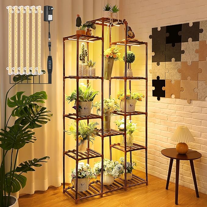 Dreyoo Plant Stand with Grow Lights, Wood Plant Shelf with Full Spectrum Grow Lamp for Indoor Corner, Vintage Multi Layer Lighted Stand for Living Room Balcony Display (13 Tiered Shape)