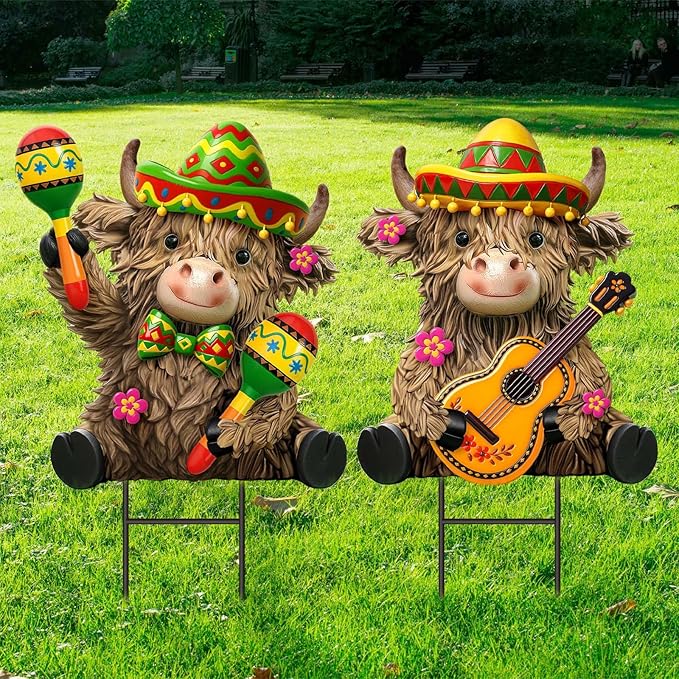 Amyhill 2 Pcs Cinco De Mayo Highland Cow Garden Stakes, Mexican Fiesta Metal Outdoor Decor, Western Cowboy Welcome Yard Signs for Patio, Lawn, Walkway, Garden, Cinco De Mayo Party Decorations