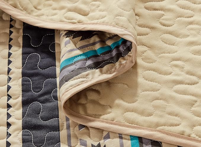 Chezmoi Collection 3-Piece Southwestern Geometric Tribal Quilt Set - Multicolor Teal Beige Black Gray Lightweight Quilted Bedspread Set, Full (90" x 95")